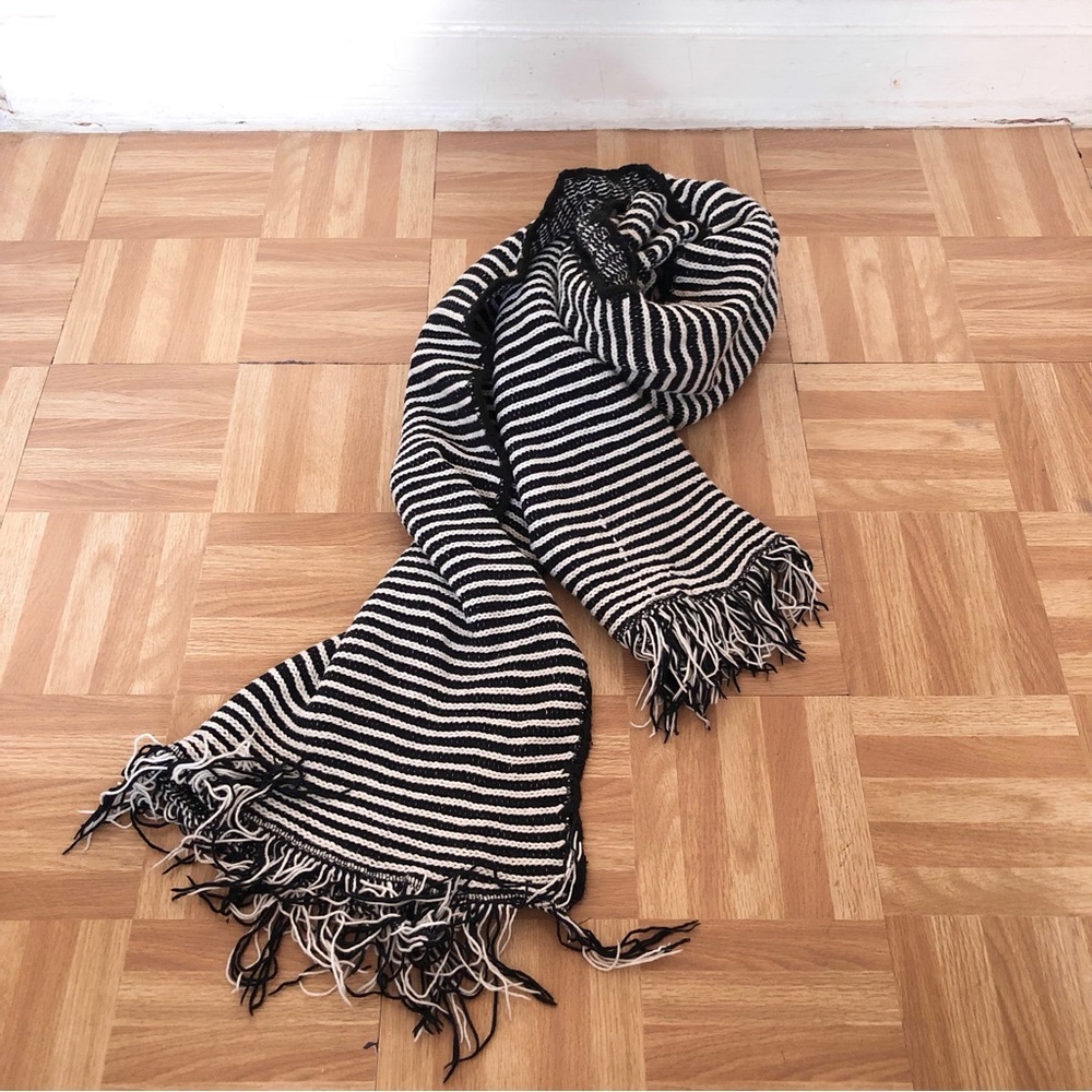Black and White Striped Knit Scarf with Fringe